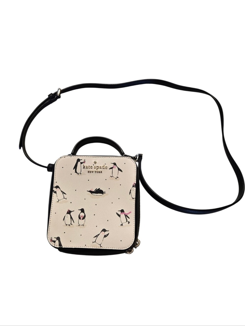 kate spade Cream Penguin Print Crossbody Purse with Black Strap
